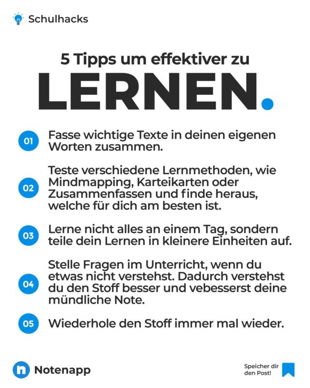 Beim Lernen kann man mit dem richtigen Ansatz viel Zeit einparen ⏰

Mit diesen 5 Tipps schaffst du es, deine Effektivität beim Lernen zu verbessern und den Stoff schneller und besser zu lernen 👍

Welche Tipps kennst du noch? 😃

#schule #schüler #schuleneudenken #schüleraustausch #lernen #lerntipps #lernmotivation #schultipps #notenverbessern #notenapp
