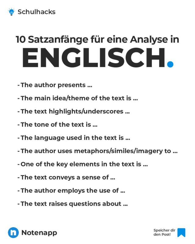 Wenn du in Englisch manchmal nicht direkt die passenden Satzanfänge findest und sich dein Text nicht so spannend anhört, dann probiere es mal mit diesen Anfängen 📄 Am besten diesen Post abspeichern!

#schule #schüler #schuleneudenken #schüleraustausch #schultipps #lernen #lerntipps #lernmotivation #notenverbessern #notenapp