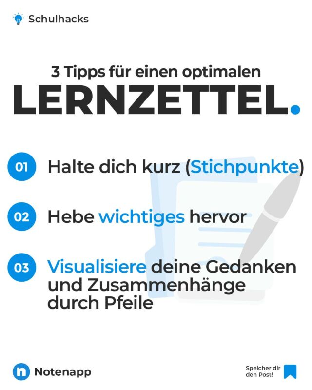 Ein Lernzettel kann echt hilfreich sein. Besonders kurz vor der Klausur kann man da nochmal gut draufschauen und sich die wichtigsten Dinge erneut ins Gedächtnis rufen 😃

#schule #schüler #schuleneudenken #schüleraustausch #schultipps #lernen #lerntipps #lernmotivation #notenverbessern #notenapp