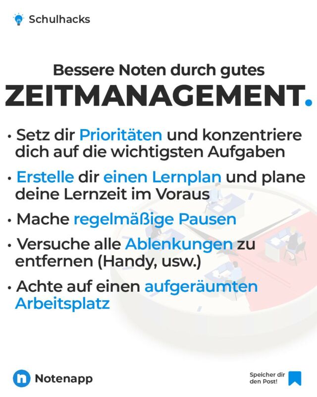 Ein gutes Zeitmanagement kann der Schlüssel zu besseren Noten in der Schule sein. Probiere diese 5 Tipps mal aus! 👍🏼

#schule #schüler #schuleneudenken #schüleraustausch #schultipps #lernen #lerntipps #lernmotivation #notenverbessern #notenapp