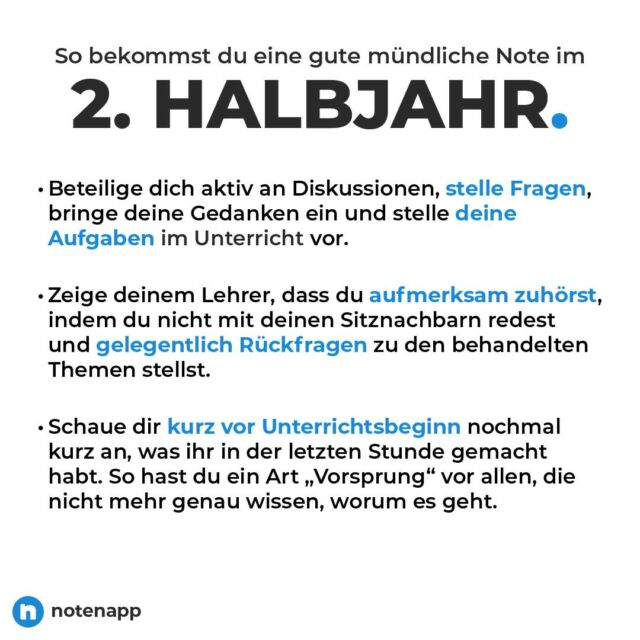 Wenn du mit deiner mündlichen Note im ersten Halbjahr noch nicht ganz zufrieden warst, dann probiere gerne mal diese 3 Tipps aus und verbessere so deine mündliche Note! 🚀

#schule #schüler #schuleneudenken #schüleraustausch #schultipps #lernen #lerntipps #lernmotivation #notenverbessern #notenapp